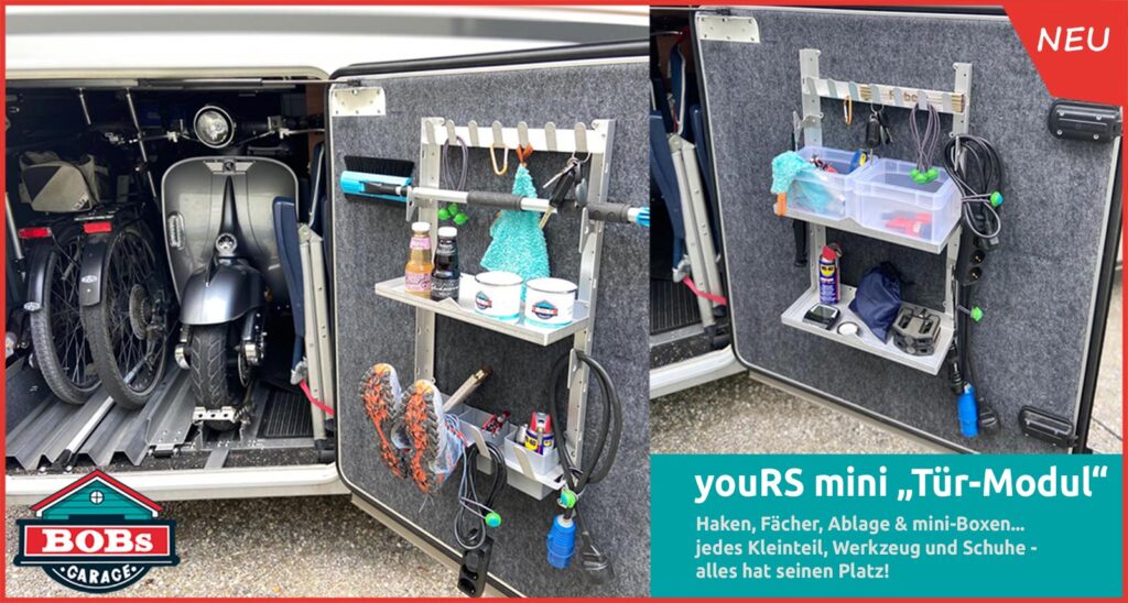 youRS-mini I Türmodul – Schuhleiste, Haken und Mini-Fächer für Wohnmobiltür von BOBs Garage