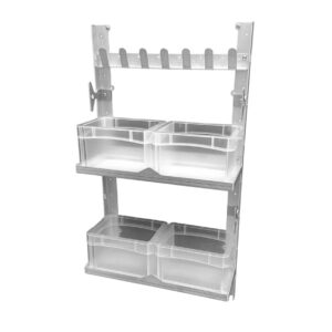 youRS-mini II Türmodul Variante Ablage – Hakenleiste und Ablagetische mit Mini-Boxen für Camper und Wohnmobile von BOBs Garage