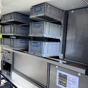 Modulares youRS Regalsystem mit Euroboxen in der Heckgarage eines Concorde Charisma Centurio Styl.